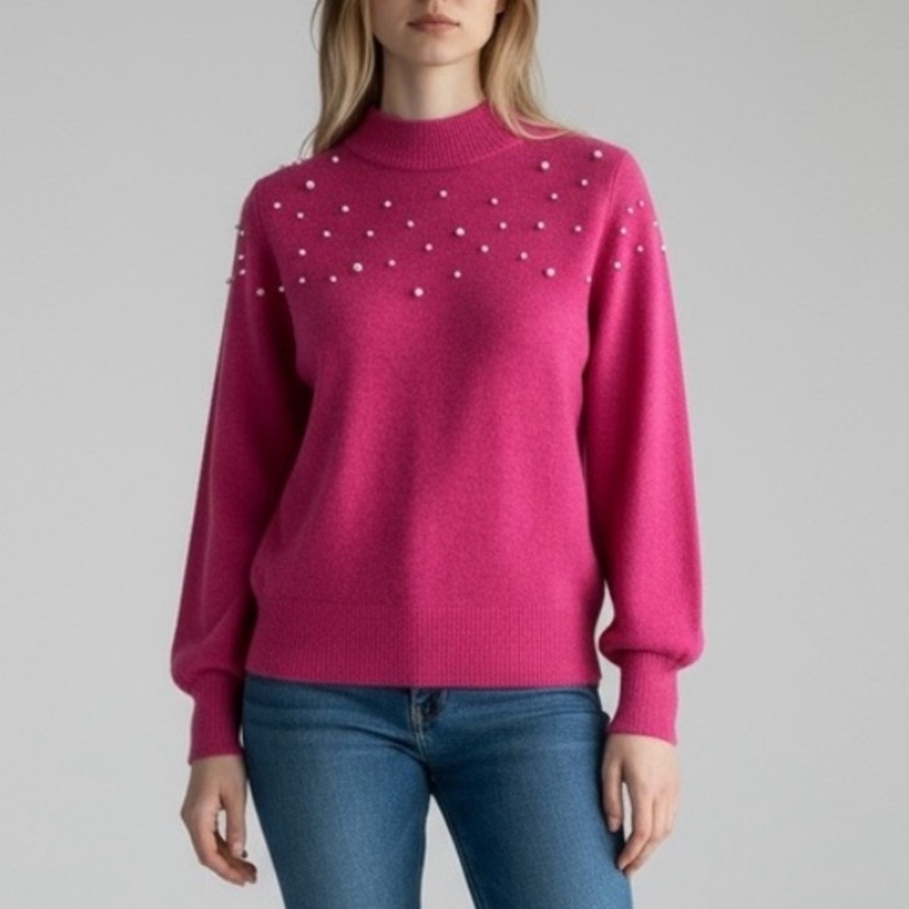 CECE Women's Pink Sweater with Pearl Accents small
